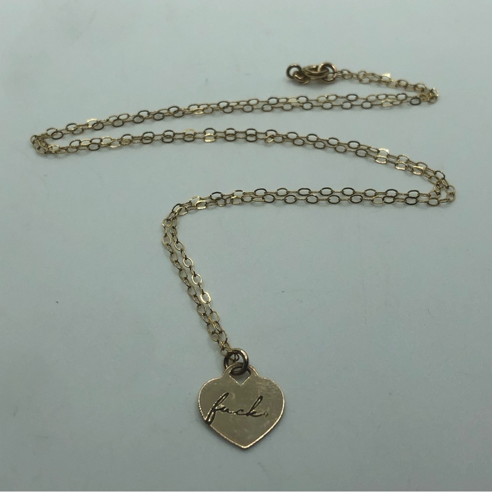 Vtg 14k Gold Filled Cursive F*** Swear / Curse Word Heart Necklace 21” + .5”